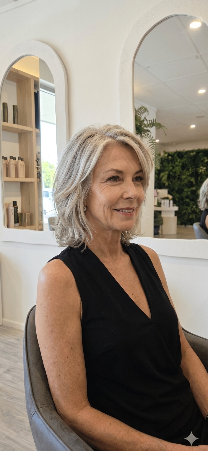 Silver layered women's hair, elegant finish